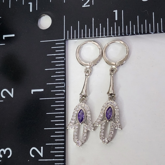 Silver Steel with Purple / Clear Zirconia Hamsa Hand Huggie Hoop Earrings - Picture 7 of 7